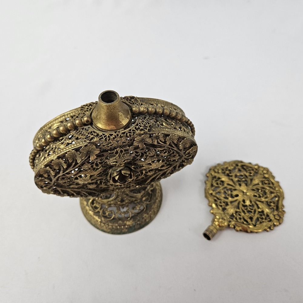 Vintage Brass Filigree Floral Ormolu Perfume Bottle Antique Victorian Ornate - Picture 8 of 12